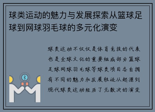 球类运动的魅力与发展探索从篮球足球到网球羽毛球的多元化演变