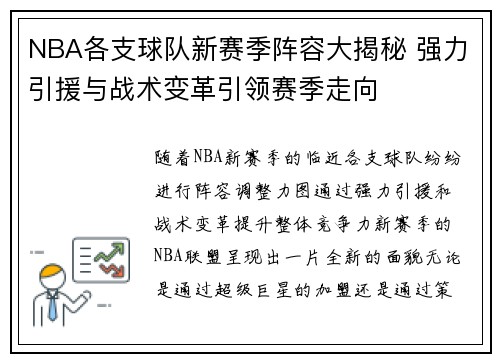 NBA各支球队新赛季阵容大揭秘 强力引援与战术变革引领赛季走向