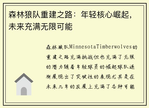 森林狼队重建之路：年轻核心崛起，未来充满无限可能